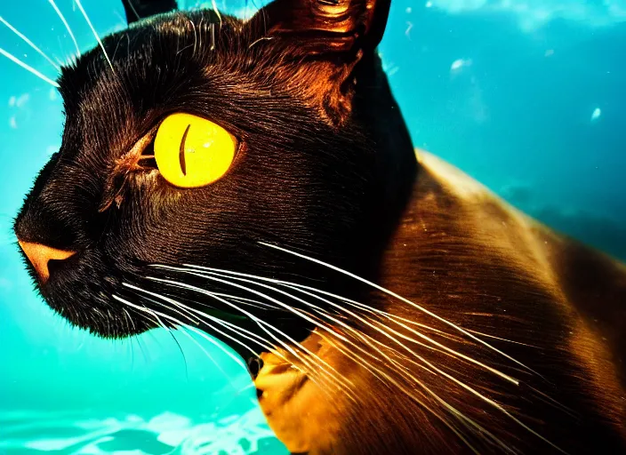 Prompt: a photograph of a black cat swimming deep in the ocean among fish, focus shot, 35mm film, award winning photography, National Geographic, 8k resolution, ultra detail, underwater sun lighting