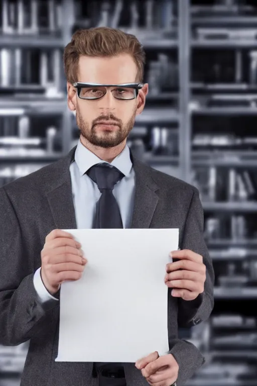 Image similar to futuristic scientist gets a papers from fbi, he is holding a folder with shock, dark building, dramatic lighting, ethereal, stunning, breathtaking, awe - inspiring award - winning