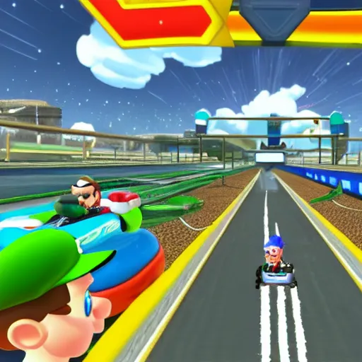 Image similar to Walter White in Mario Kart driving trailer car, game screenshot