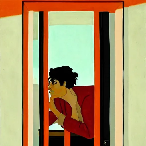 Prompt: a wide angle fine art painting of man with black hair smoking a spliff at the glass door of a balcony at night from inside, inspired by the styles of wes anderson, and egon schiele, toned orange and pastel pink