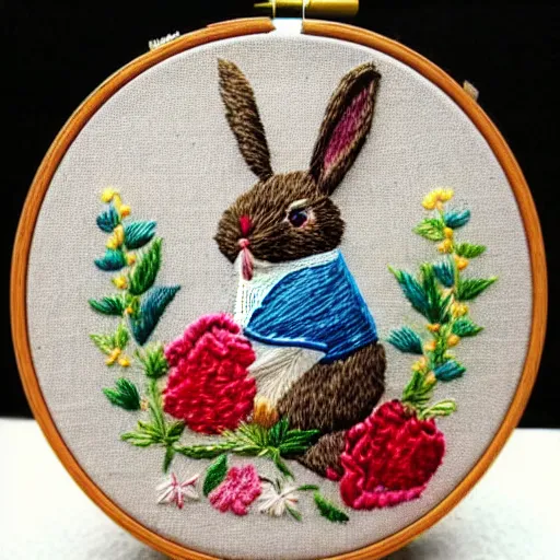 Image similar to a tiny beautiful handmade embroidery of a rabbit. hand embroidery.