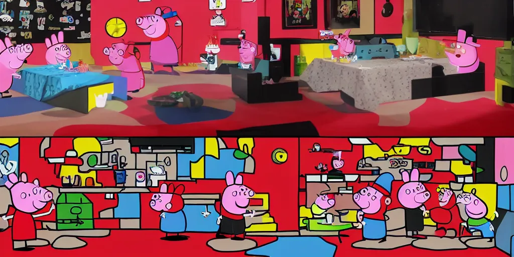 Image similar to peppa pig and Mario in twin peaks. black and white zig zag floor, david lynch, red room, agent cooper