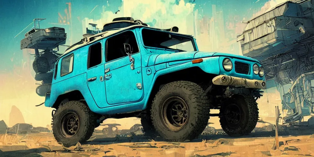 Image similar to digital illustration of a futuristic faded cyan mad max's fj 4 0 decrepit!!!! pursuit special, rusty!!! cyberpunk nissan fj cruiser heavily modded 1 9 9 0 s, the last v 8 interceptor by makoto shinkai, ilya kuvshinov, lois van baarle, rossdraws, basquiat