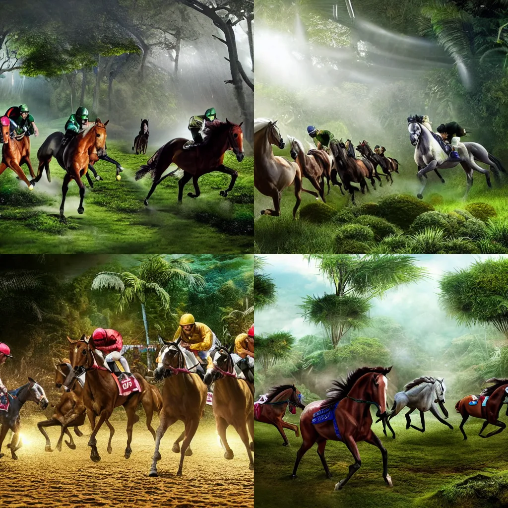 Prompt: dramatic horse race in a jungle, highly detailed, cinematic lights, award winning press photo