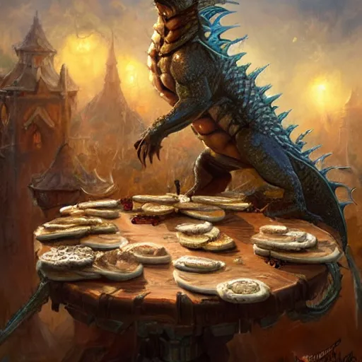 Prompt: a small fierce dragon on a tavern table hoarding a plate of cookies, fantasy, sharp detail, trending on artstation, digital painting by ralph horsley and greg rutkowski