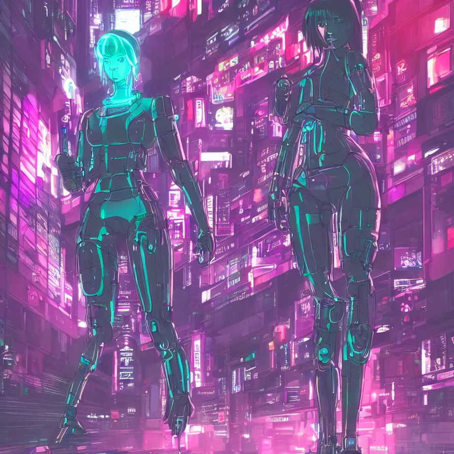 Prompt: a female android running in cyberpunk tokyo by night, digital hand drawing and coloring, ghost in the shell, neons lights