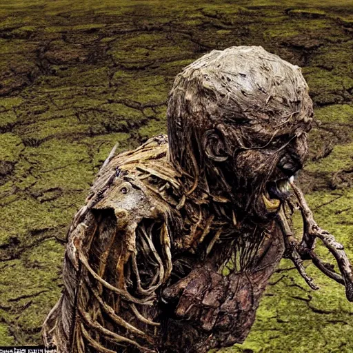 Prompt: a peat bog mummy climbing from the bog, snarling and angry, hyper realistic, photo, midday, rain