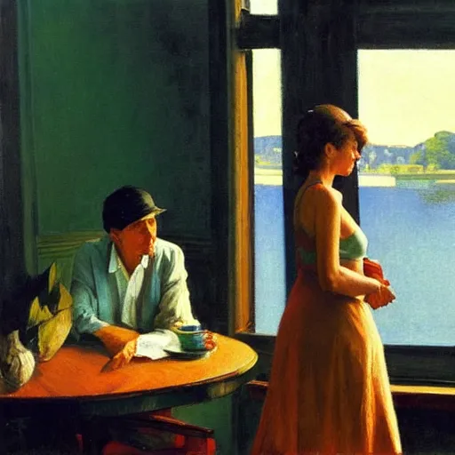 Image similar to oil painting of young leonard cohen in room with beautiful woman wearing second hand clothes, with bowl of oranges on table, and view through window of boat on river, by edward hopper, by norman rockwell, by eric fischl