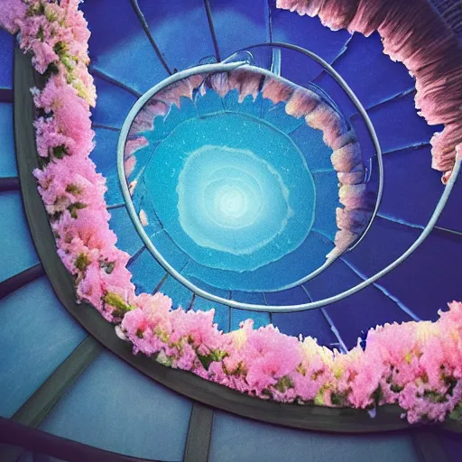 Image similar to a spiral stairway of flowing ethereal water from sky, stairway beautified with flowers, realistic, dusk, starry sky, hd, fantasy, 4 k