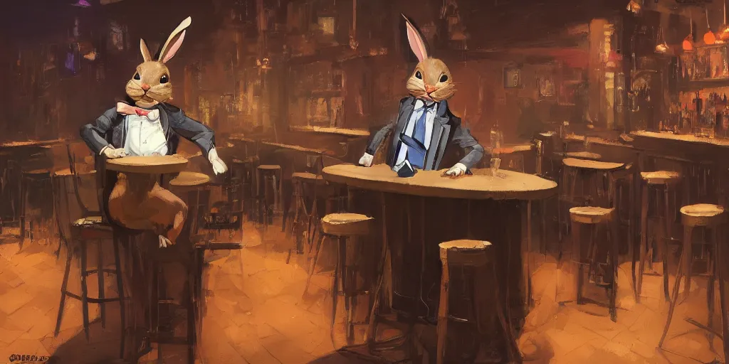 Prompt: a biped rabbit wearing a tie sits on a barstool at the bar of a 4 0 s jazz club, warm color palette, night time, dramatic lighting, noir film, character sheet, fine details, high contrast, blacksad, kim jung gi, greg rutkowski, trending on artstation, 8 k, front view, back view, ultra wide angle