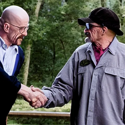 Image similar to walter white shaking hands with a bird