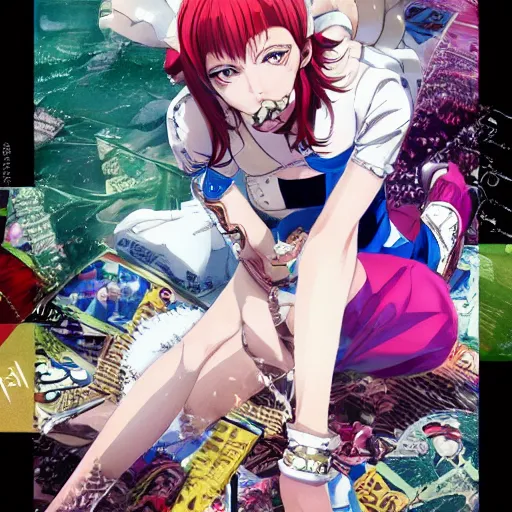 Image similar to Magazine Cover Anime key visual of a Gucci girl; official media; typography; drawn by Hirohiko Araki; Jojo's Bizarre Adventure; Jojolion, portrait, made by Stanley Artgerm Lau, WLOP, Rossdraws, James Jean, Andrei Riabovitchev, Marc Simonetti, Yoshitaka Amano, ArtStation