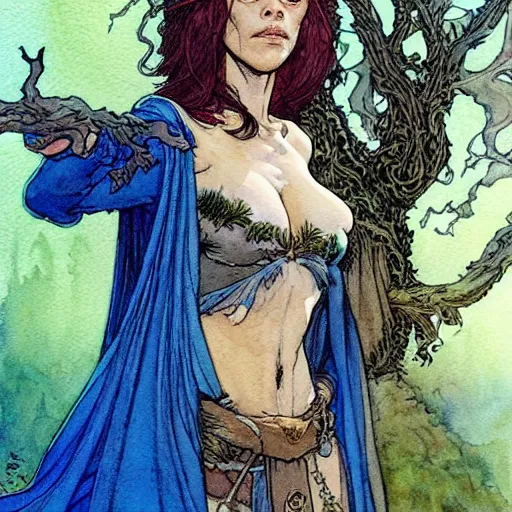 Image similar to a realistic and atmospheric watercolour fantasy character concept art upper body image of a young jane fonda in her 2 0 s posing as a druidic warrior wizard looking at the camera with an intelligent gaze by rebecca guay, michael kaluta, charles vess and jean moebius giraud