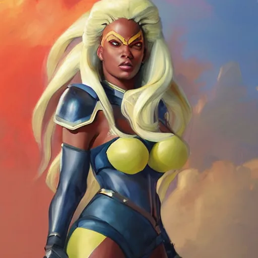 Image similar to greg manchess portrait painting of partially armored ororo munroe alias storm as overwatch character, medium shot, asymmetrical, profile picture, organic painting, sunny day, matte painting, bold shapes, hard edges, street art, trending on artstation, by huang guangjian and gil elvgren and sachin teng