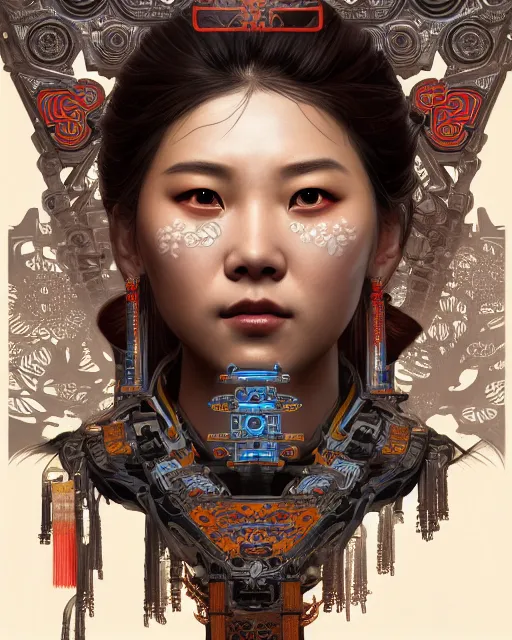 Image similar to portrait of a machine from horizon zero dawn, machine face, upper body, decorated with chinese opera motifs, asian, traditional chinese art, intricate, elegant, highly detailed, digital painting, artstation, concept art, smooth, sharp focus, illustration, art by artgerm and greg rutkowski and alphonse mucha, 8 k