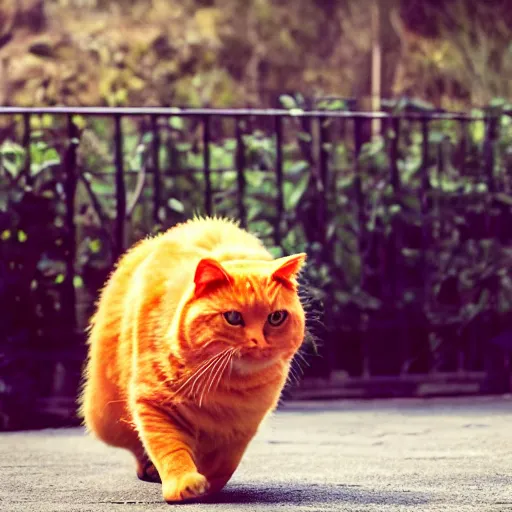 Image similar to a giant fat orange cat chasing and scaring a group of small dogs