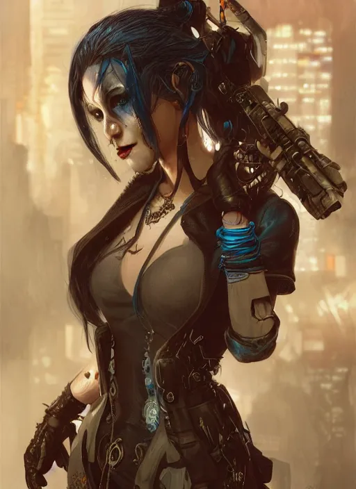 Image similar to a beautiful illustration of cyberpunk elven harley quinn, black hair, intricate, sharp focus, illustration, highly detailed, digital painting, concept art, matte, art by wlop and artgerm and greg rutkowski and alphonse mucha, masterpiece