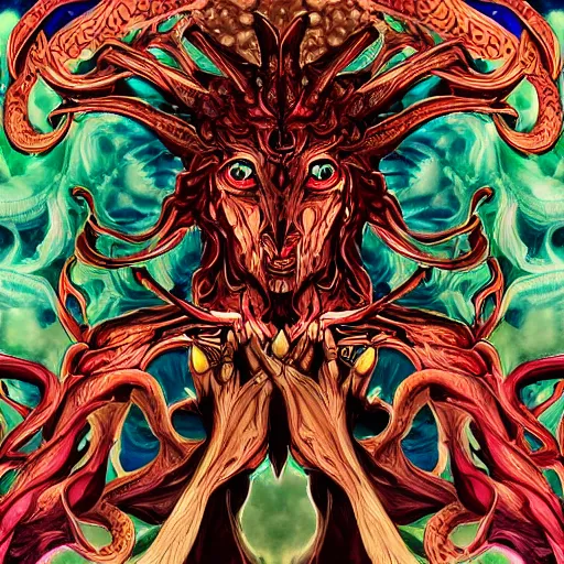 Prompt: 4K headshot of godlike Shub-Niggurath with defined arms and open hands and bloody clothes with vibrantly colored giant mandala wings , intricate face , flawless anime cel animation by Kentaro Miura, psychedelic , highly detailed upper body , professionally post-processed , beautiful, scary, symmetry accurate features, epic, octane rendered, anime masterpiece, accurate