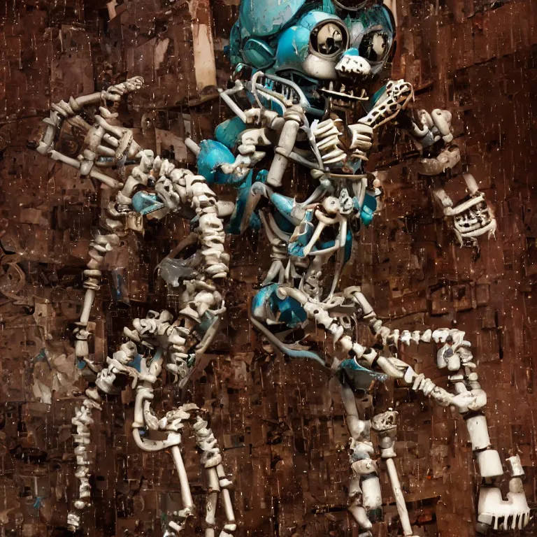 Image similar to photograph of a stylized worn down and broken endoskeleton that has been built by scott cawthon and chuck e cheese, rain, dense fog, alleyway, volumetric lighting, f 8 aperture, cinematic eastman 5 3 8 4 film