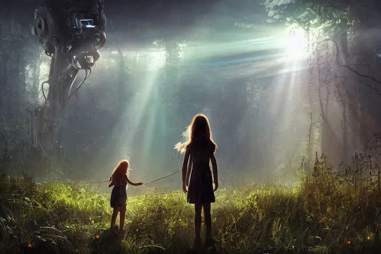 Prompt: the great beyond, sci - fi scene future new york, little girl holding a hand of a big robot, forest punk, crepuscular rays, epic scene, hyper realistic, photo realistic, overgrowth, cinematic atmosphere, ethereal lighting, style of john - waterhouse