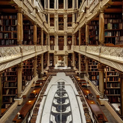 Prompt: a utopian infinitely large marbled library with tall pillars and bookshelves extending in every direction, architecture photograph, view from top floor looking down into the central lobby