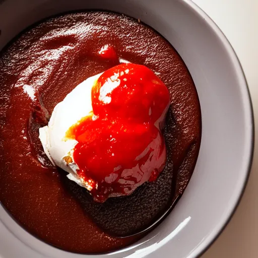 Prompt: a warm chocolate brownie in a bowl of vanilla ice cream and coated with tomato ketchup, studio lighting, recipe book photo
