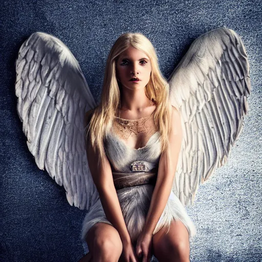 Prompt: very pretty blond female angel with huge wings in a dark cave, perfect symmetrical face, shallow depth of field, moody lighting, single point of light, 8 k, cultural realistic, in the style of martina fackova,