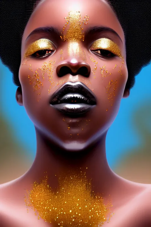 Prompt: hyperrealistic precisionist cinematic profile very expressive! black oshun goddess, in water! up to shoulders, mirror dripping droplet!, gold flowers, highly detailed face, digital art masterpiece, smooth eric zener cam de leon, dramatic pearlescent turquoise light on one side, aperture priority low angle uhd 8 k, shallow depth of field