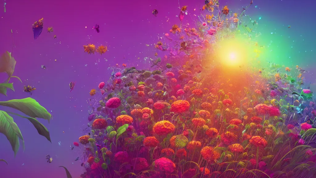 Image similar to highly detailed illustration of an explosion of all known species of flowers by beeple, 4 k resolution, realistic colors