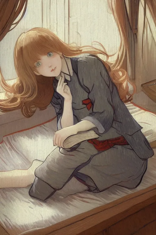 Image similar to a girl in a jk uniform outfit in the bedroom reading a book in a night, raining outside the window, grey and orange theme ， wavy white long hair, by krenz cushart and mucha and akihito yoshida and greg rutkowski and vincent van gogh and monet, detailed eyes, 4 k resolution