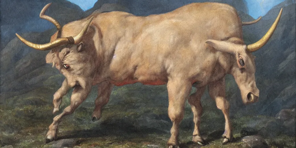 Prompt: painting of a minotaur standing amid craggy highlands