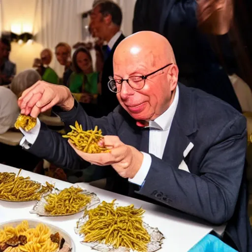 Prompt: klaus schwab eating very delicious fried grasshoppers and worms, served with pasta