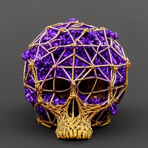 Prompt: ornate and intricate dodecahedron made of purple crystals and gold wires in the form of a anatomical correct skull, dark moody background