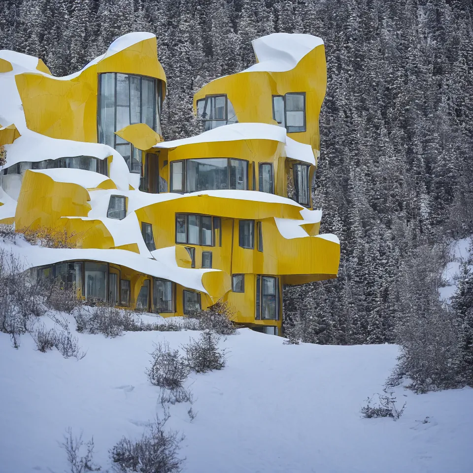 Image similar to a road leading to a mid-century modern house with large windows on top of a cliff in the arctic, covered with snow, designed by Frank Gehry. Big tiles. Film grain, cinematic, yellow hue