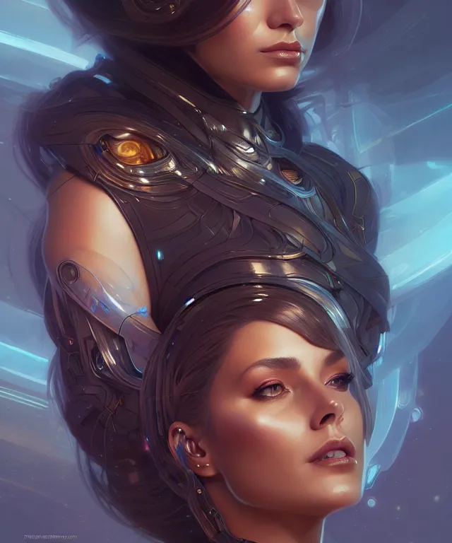 Image similar to futuristic woman portrait, sci-fi, amber eyes, face, long hair, fantasy, intricate, elegant, highly detailed, digital painting, artstation, concept art, smooth, sharp focus, illustration, art by artgerm and greg rutkowski and alphonse mucha