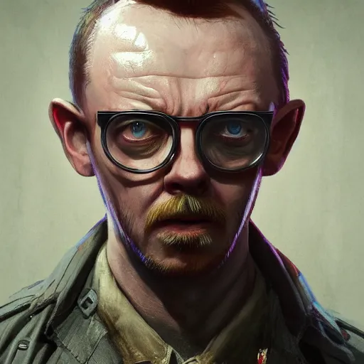 Prompt: simon pegg portrait, horror core, apocalyptic, winchester rifle, sharp focus, fiction, hyper detailed, digital art, trending in artstation, cinematic lighting, studio quality, smooth render, unreal engine 5 rendered, octane rendered, art style and nixeu and wlop and krenz cushart