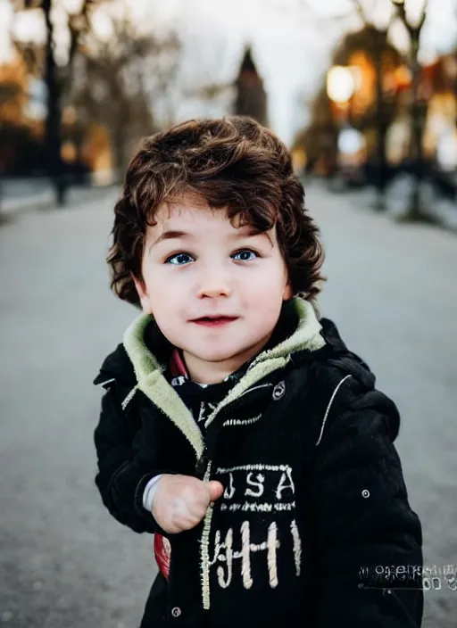 Prompt: a personal close up portrait of a 1 year old man from switzerland, his hair is brown and short, his eyes are green, his face is symmetric and friendly, he's proud to be where he is in life, black jacket, ambient light, beautiful composition, magazine, full frame, 5 0 mm, f 1. 8