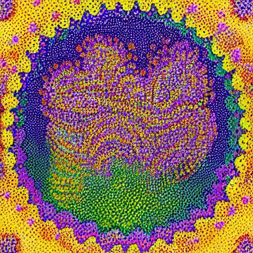 Image similar to a detailled pointillist painting of colorful round patterns, by henri - edmond cross and maximilien luce, textured, relief