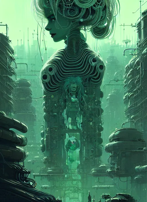 Prompt: highly detailed portrait of a biopunk long curly white hair tribal lady, stray wiring by atey ghailan, james gilleard, by joe fenton, by greg rutkowski, by greg tocchini, by kaethe butcher, 4 k resolution, gradient green, black and white color scheme!!! ( ( green irradiated robotic dystopian city background ) )