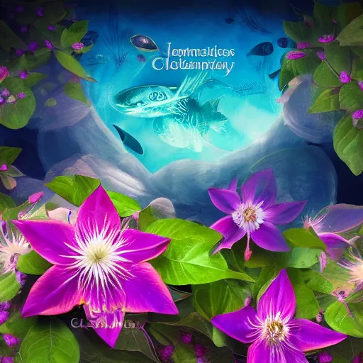 Image similar to clematis theme logo, clematis theme banner, clematis design, clematis in the deep sea, trending on artstation, warm light, lovely and cute, fantasy art, 8 k resolution