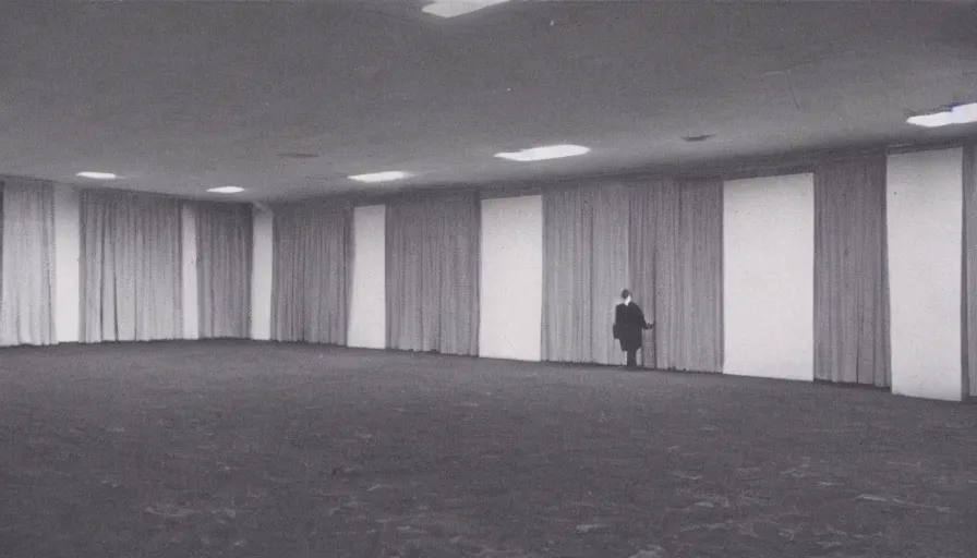 Image similar to 70s movie still of a man with elongated arms in an empty soviet ballroom, eastmancolor, heavy grain, high quality, higly detailed, liminal space