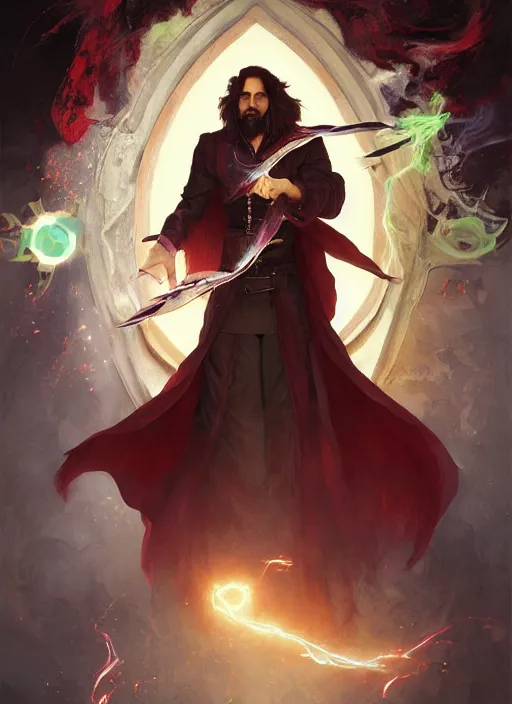 Image similar to character concept portrait of an attractive young Spanish wizard with red skin conjuring a laser spell, a floating iridescent spell book in the center, intricate, elegant, digital painting, concept art, smooth, sharp focus, illustration, from Metal Gear, by Ruan Jia and Mandy Jurgens and William-Adolphe Bouguereau, Artgerm