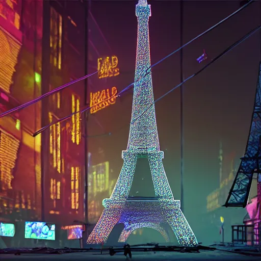 Prompt: A beautiful intricate 8K award-winning ground-level cinematic movie photograph of the future destroyed and decaying Eiffel Tower, surrounded by neon and collapsing corporate video billboard displays. in the year 2050, by Bruno Delbonnel and greg rutkowski. octane render, Arri Alexa 65. Cinematic lighting