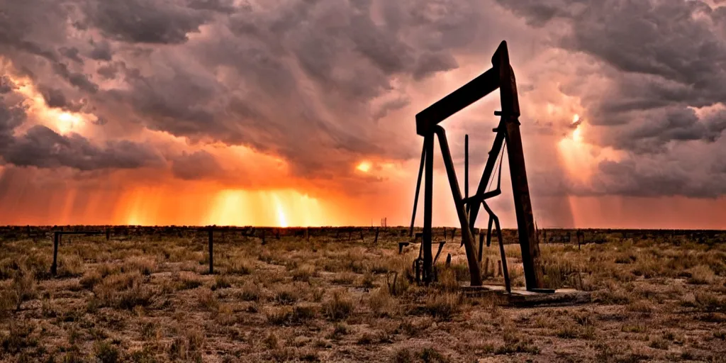 Image similar to photo of a stormy west texas sunset, perfect rustic ( ( pumpjack ) ), film photography, lightning, golden hour, high quality, beautiful!!!