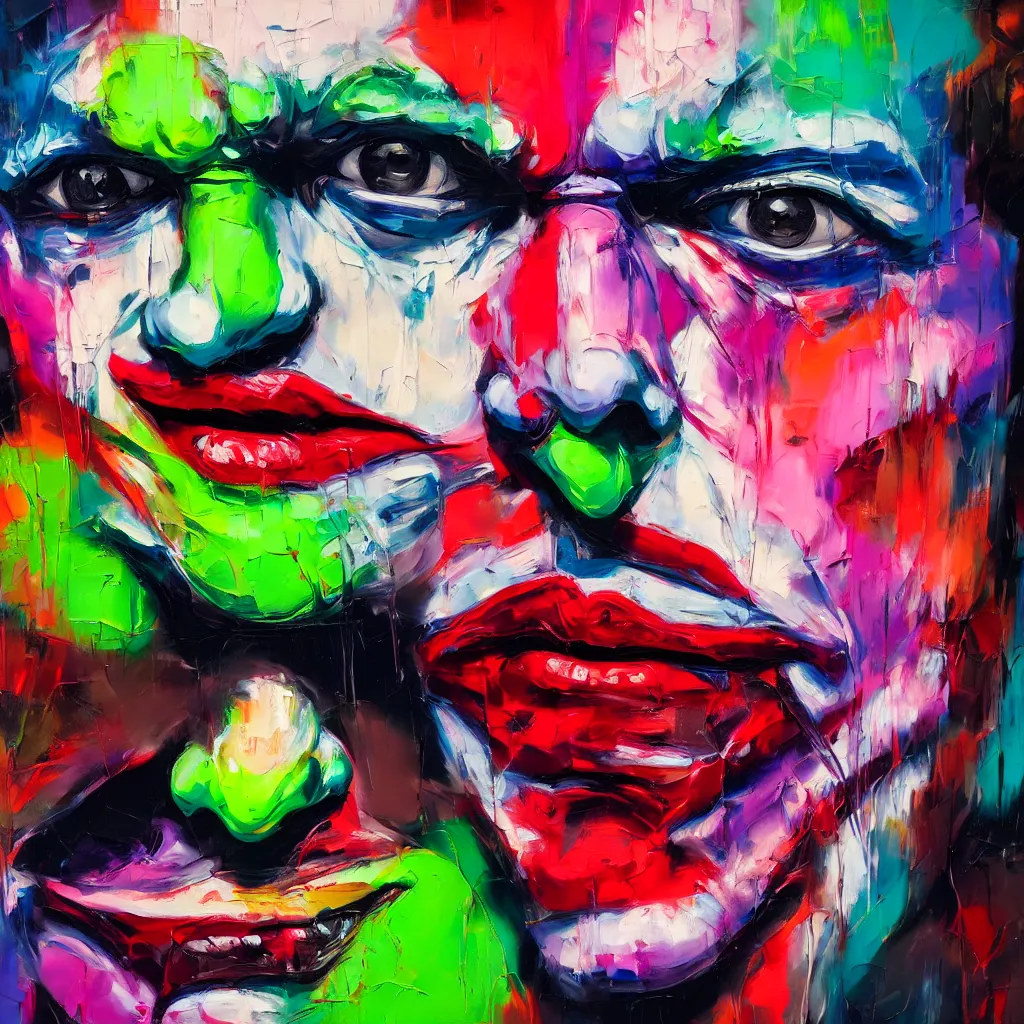 Prompt: a vibrant oil painting close up of the joker by francoise nielly, trending on artstation