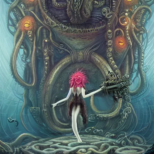 Prompt: dystopian fantasy undersea rock concert. On stage, the drummer is Cthulhu squid woman with tentacles playing a big rock&roll drum kit, by Philipp A. Urlich and Pengzhen Zhang an Andreas Rocha, fantasy, intricate, elegant, highly detailed, digital painting, artstation, blender, unreal engine 5, octane render, smooth, sharp focus, illustration