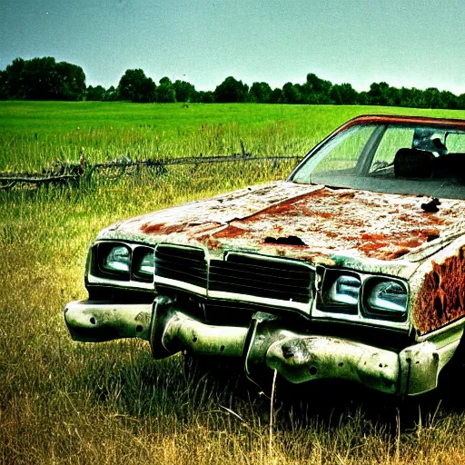 Image similar to A photograph of a rusty, worn out, broken down, decrepit, run down, dingy, faded, chipped paint, tattered, beater 1976 Denim Blue Dodge Aspen in a farm field, photo taken in 1989