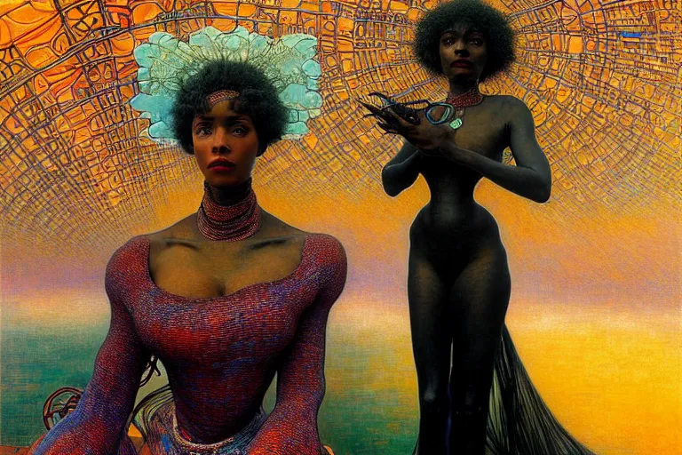 Image similar to realistic extremely detailed closeup portrait painting of a beautiful black woman in a dress with a robot, city street on background by Jean Delville, Amano, Yves Tanguy, Ilya Repin, Alphonse Mucha, William Holman Hunt, Ernst Haeckel, Edward Robert Hughes, Roger Dean, rich moody colours