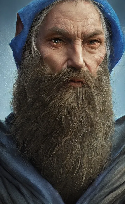 Prompt: portrait of a middle aged elf with a long beard, dressed in a blue cloak, brown grey hair, raised hand, clock iconography, detailed face, fantasy, highly detailed, cinematic lighting, digital art painting by greg rutkowski