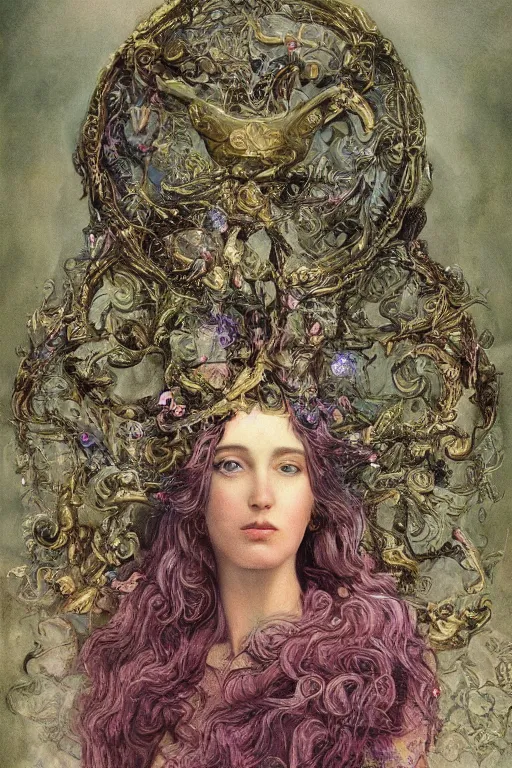 Image similar to elaborately hyperdetailed Surrealist pre-raphaelite illustration of an extremely beautiful regal woman with an imponent crown, eerie mist and ethereal pink bubbles, Aetherpunk, atmospheric lighting, bright background, moonlight, high fantasy professionally painted digital art painting, smooth, sharp focus, highly detailed illustration highlights, backlight, golden ratio, 8K detail post-processing, symmetrical facial features, rich deep moody colors, award winning picture, Daily Deviation on DeviantArt, trending on cgsociety, featured on ArtstationHQ, very coherent symmetrical artwork, concept art